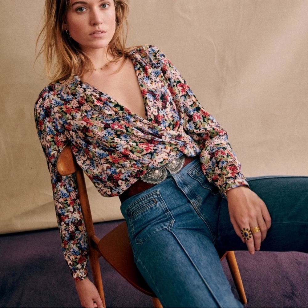 Sezane Multicolor Floral Wrap Blouse